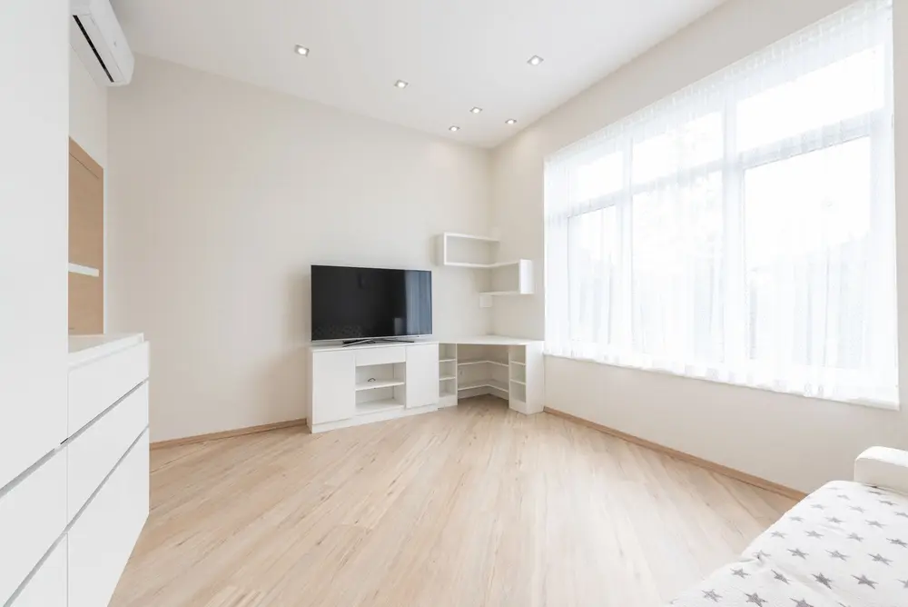Laminate flooring in a living room, installation in Nashua, NH
